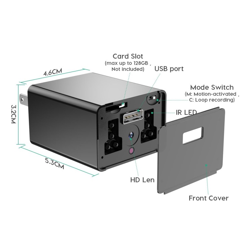 Opladerstekker Full HD 1080p Camera met nachtzicht